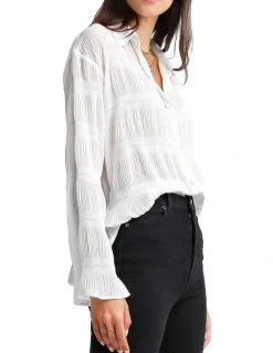 Belle & Bloom Yoko Shirred Cream Chiffon Blouse in Cream