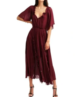 Belle & Bloom Amour Amour Ruffled Midi Dress in Burgundy