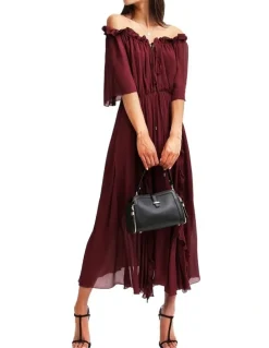Belle & Bloom Amour Amour Ruffled Midi Dress in Burgundy