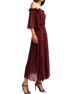 Belle & Bloom Amour Amour Ruffled Midi Dress in Burgundy