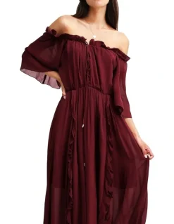 Belle & Bloom Amour Amour Ruffled Midi Dress in Burgundy