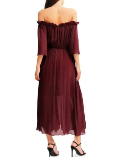 Belle & Bloom Amour Amour Ruffled Midi Dress in Burgundy