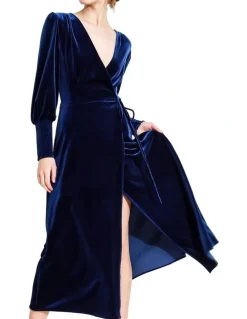 Belle & Bloom Current Mood Velvet Wrap Dress in Blue