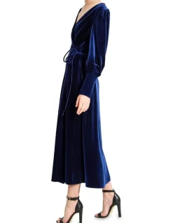 Belle & Bloom Current Mood Velvet Wrap Dress in Blue