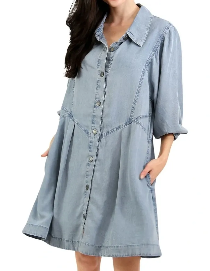 Belle & Bloom Supercut Denim Dress in Mid Blue
