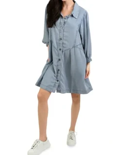 Belle & Bloom Supercut Denim Dress in Mid Blue