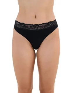 Bendon Cotton And Lace Thong in Black