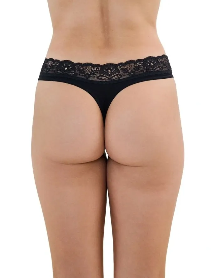 Bendon Cotton And Lace Thong in Black