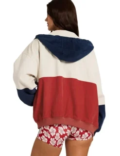 Billabong Set The Tone Zip Up Hoodie in Red, Beige, and Navy