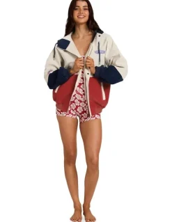 Billabong Set The Tone Zip Up Hoodie in Red, Beige, and Navy