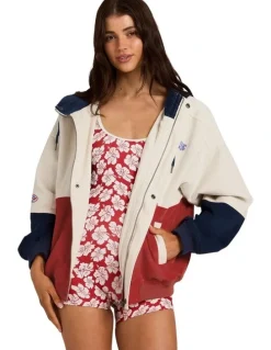 Billabong Set The Tone Zip Up Hoodie in Red, Beige, and Navy