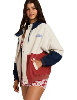 Billabong Set The Tone Zip Up Hoodie in Red, Beige, and Navy