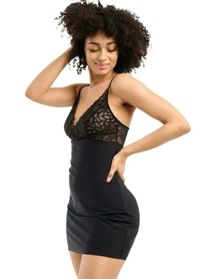 Billet Doux Divine Envie Sustainable Chemise Nightdress with Lace in Black