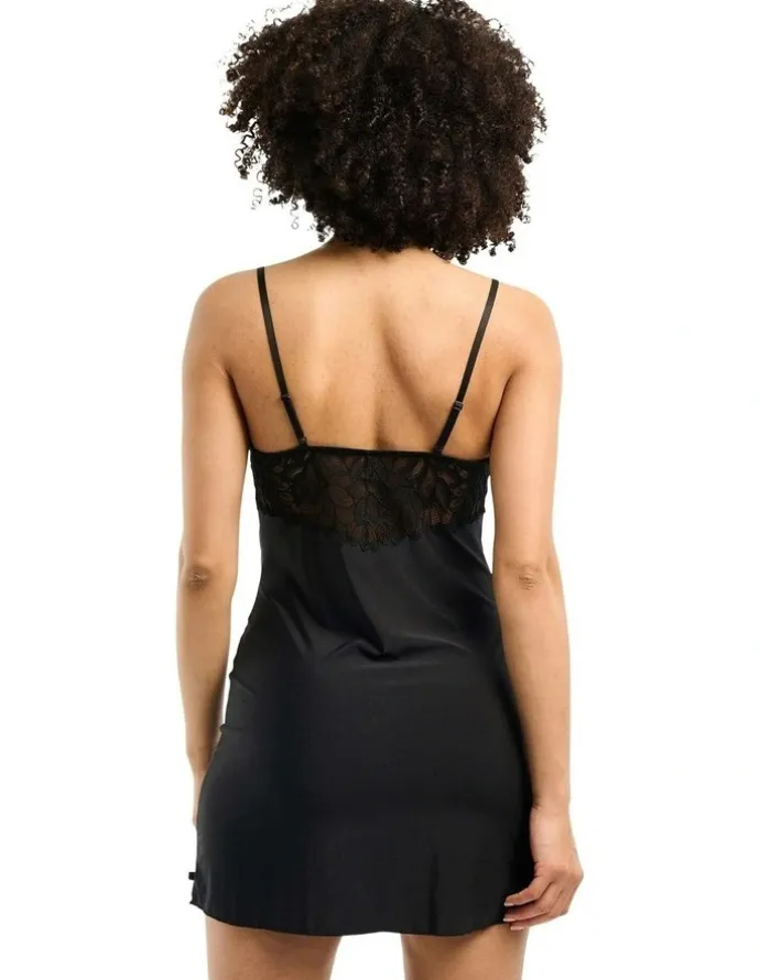Billet Doux Divine Envie Sustainable Chemise Nightdress with Lace in Black