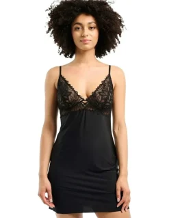 Billet Doux Divine Envie Sustainable Chemise Nightdress with Lace in Black