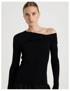 Blaq Asymmetrical Off The Shoulder Knit Top in Black