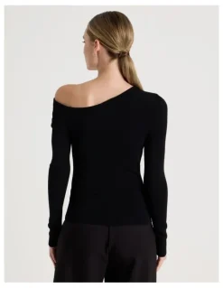 Blaq Asymmetrical Off The Shoulder Knit Top in Black