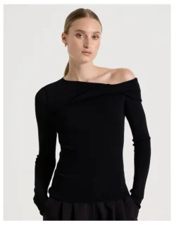 Blaq Asymmetrical Off The Shoulder Knit Top in Black