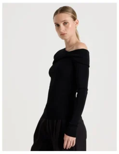 Blaq Asymmetrical Off The Shoulder Knit Top in Black