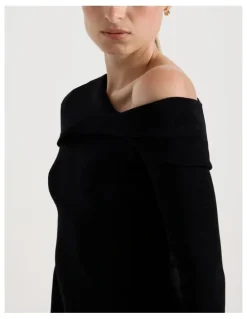 Blaq Asymmetrical Off The Shoulder Knit Top in Black