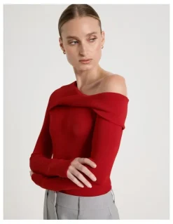 Blaq Asymmetrical Off The Shoulder Knit Top in Red