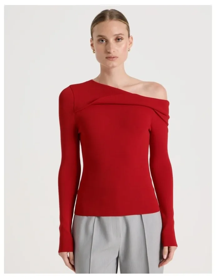 Blaq Asymmetrical Off The Shoulder Knit Top in Red
