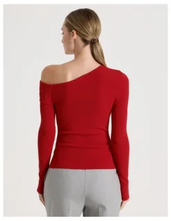 Blaq Asymmetrical Off The Shoulder Knit Top in Red