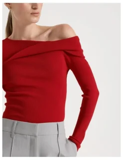 Blaq Asymmetrical Off The Shoulder Knit Top in Red
