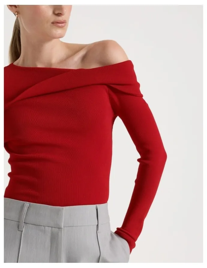 Blaq Asymmetrical Off The Shoulder Knit Top in Red