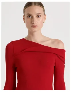 Blaq Asymmetrical Off The Shoulder Knit Top in Red
