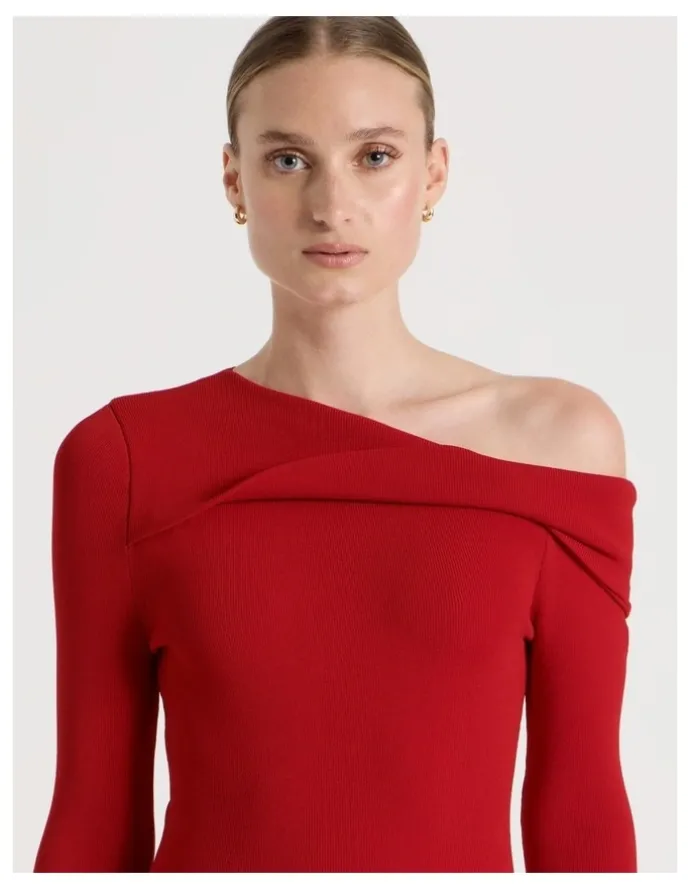 Blaq Asymmetrical Off The Shoulder Knit Top in Red
