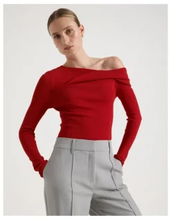 Blaq Asymmetrical Off The Shoulder Knit Top in Red