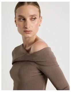 Blaq Asymmetrical Off The Shoulder Knit Top in Taupe