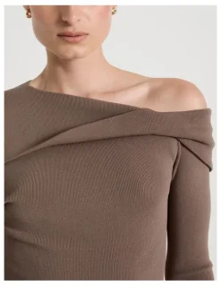 Blaq Asymmetrical Off The Shoulder Knit Top in Taupe
