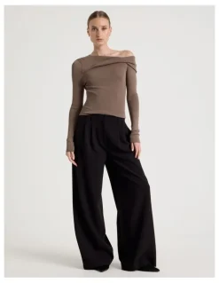 Blaq Asymmetrical Off The Shoulder Knit Top in Taupe