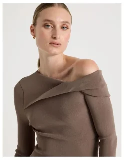 Blaq Asymmetrical Off The Shoulder Knit Top in Taupe