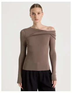 Blaq Asymmetrical Off The Shoulder Knit Top in Taupe