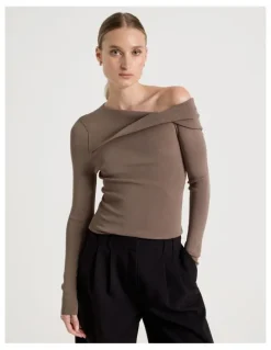 Blaq Asymmetrical Off The Shoulder Knit Top in Taupe