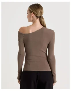 Blaq Asymmetrical Off The Shoulder Knit Top in Taupe