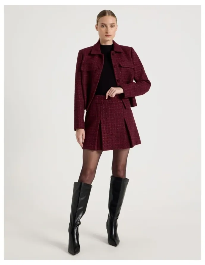 Blaq Boucle Pleat Mini Skirt in Red