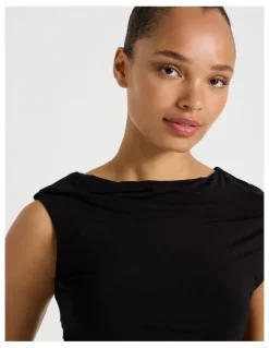 Blaq Draped Jersey Asymmetric Top in Black