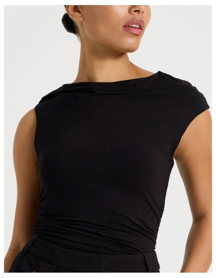 Blaq Draped Jersey Asymmetric Top in Black