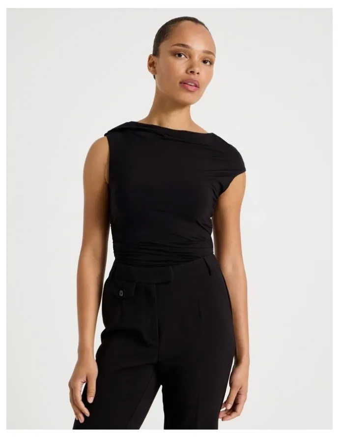 Blaq Draped Jersey Asymmetric Top in Black