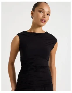 Blaq Draped Jersey Asymmetric Top in Black