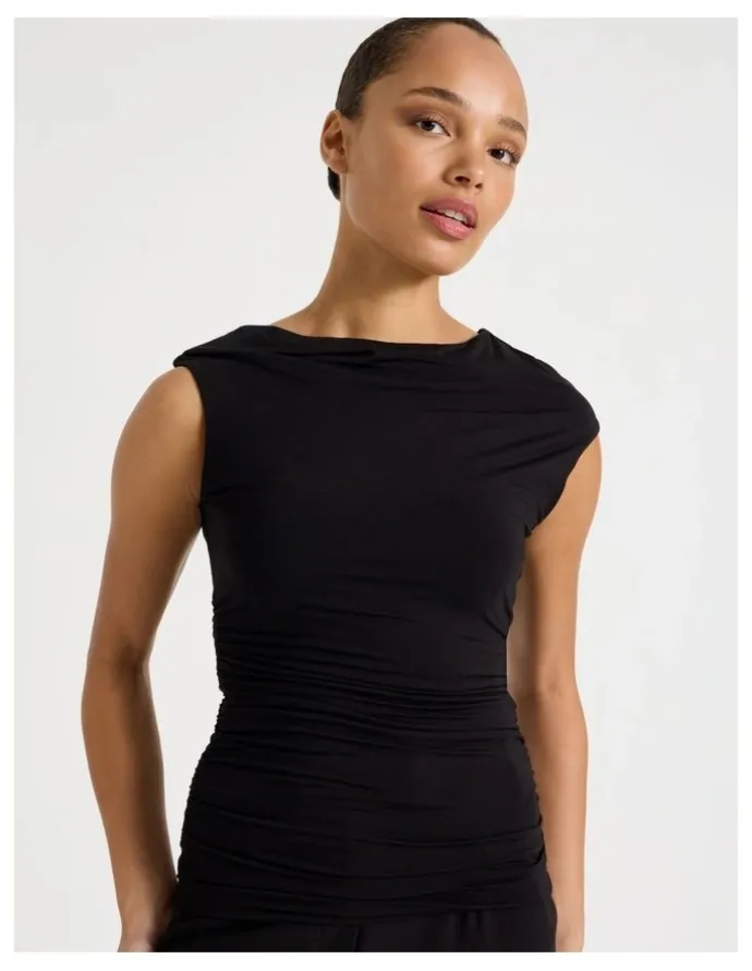 Blaq Draped Jersey Asymmetric Top in Black