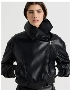 Blaq Faux Leather Bomber Jacket in Black
