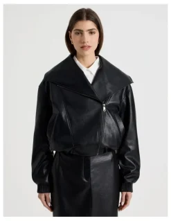 Blaq Faux Leather Bomber Jacket in Black