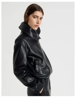 Blaq Faux Leather Bomber Jacket in Black