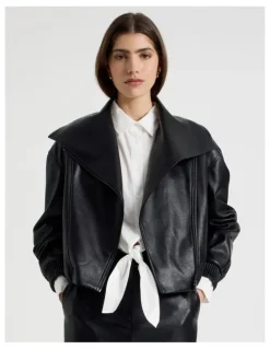 Blaq Faux Leather Bomber Jacket in Black