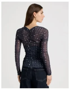 Blaq Mesh Long Sleeve Ruched Top in Navy